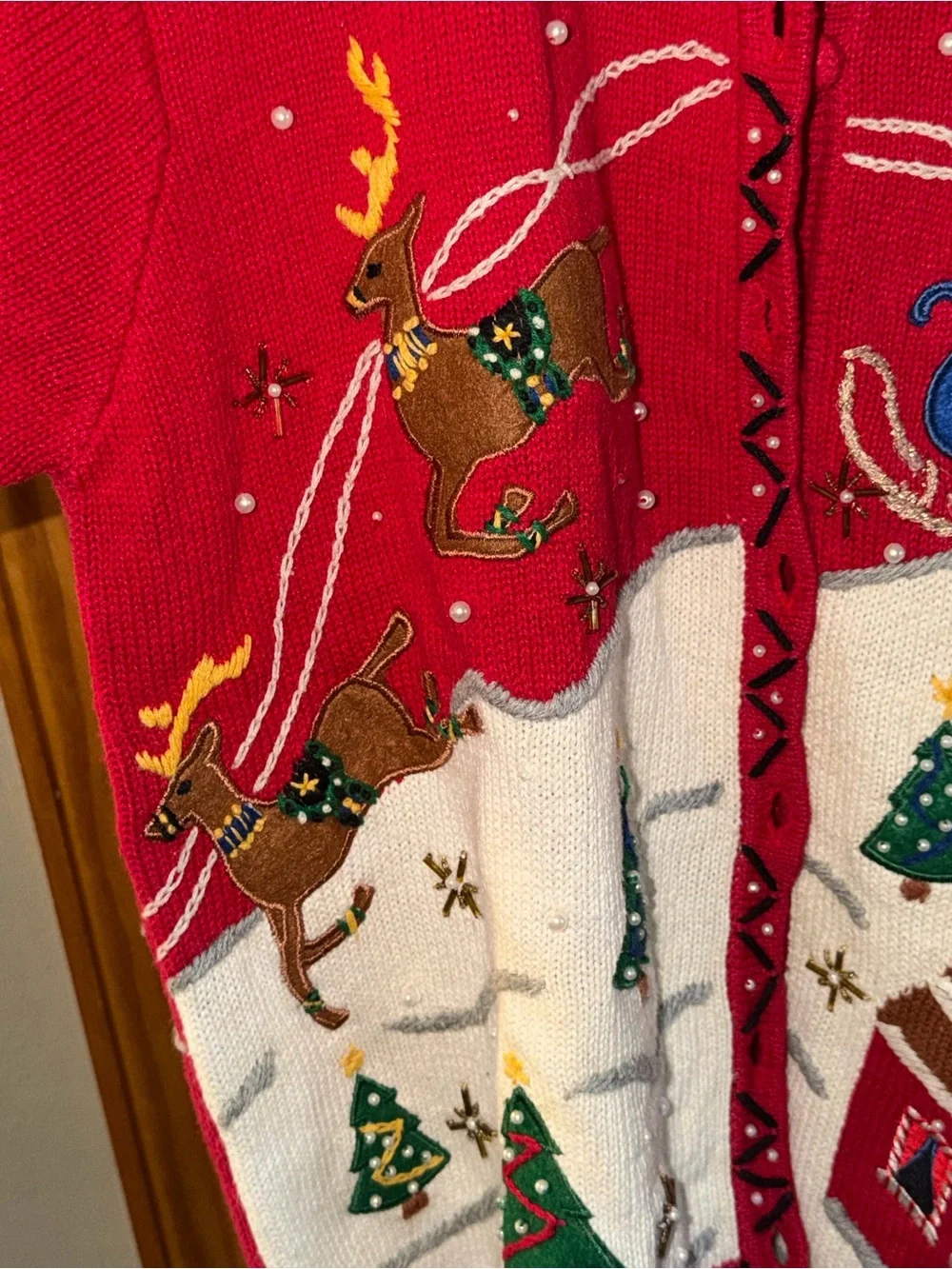 Designers Originals Studio Red Christmas Sweater Santa Reindeer Trees Sz L